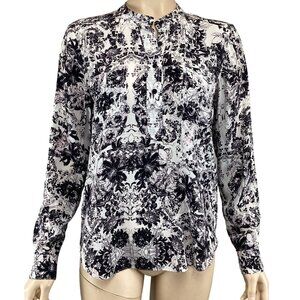 Rebecca‎ Taylor Top Size 4 Black & White Floral Silk Blouse Long Sleeve